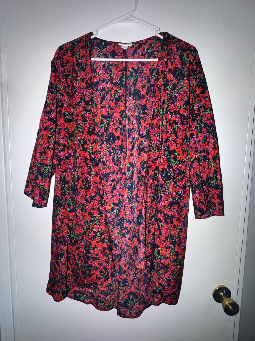 LuLaRoe Black Kimono with Red, Pink & Green Floral Print